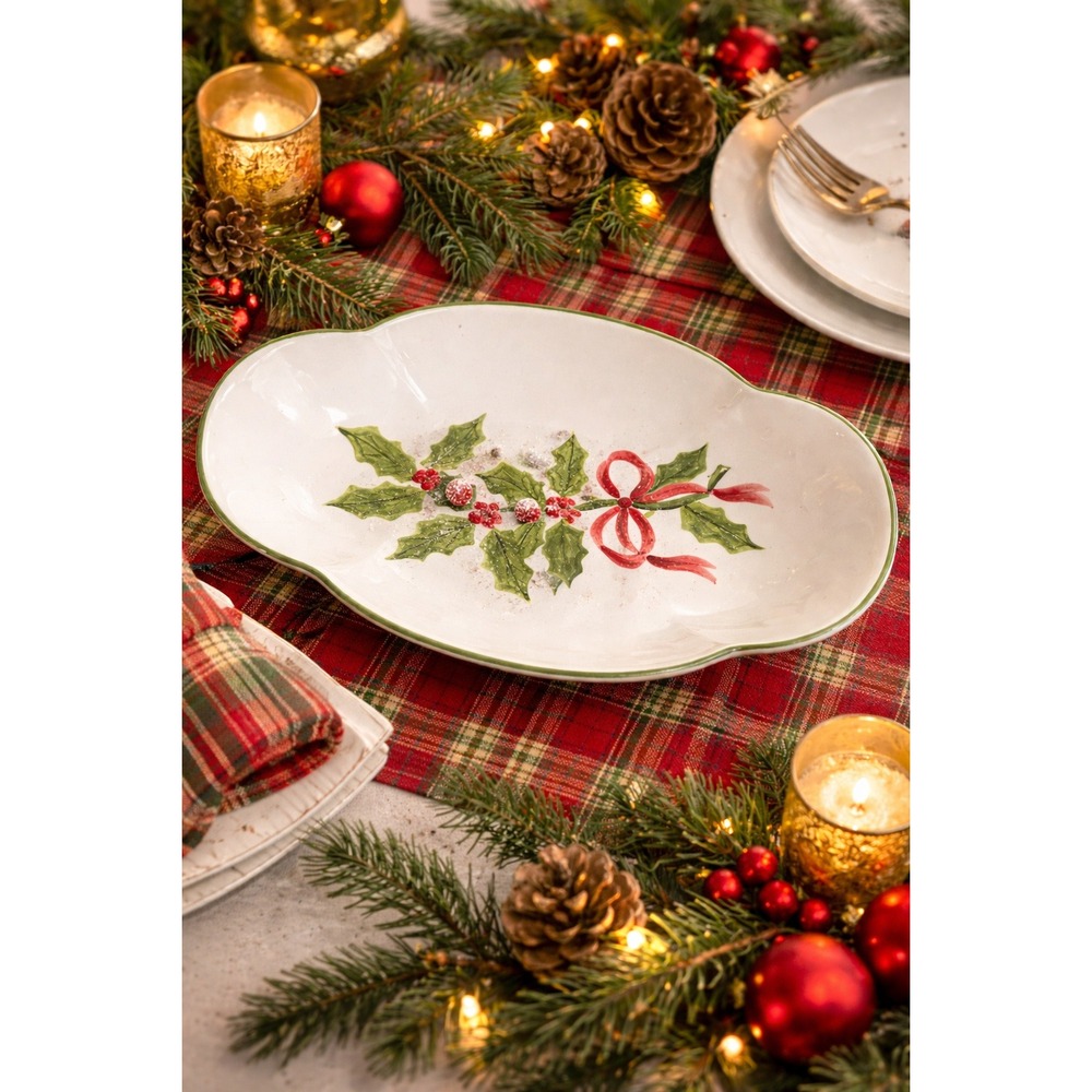 NS Gustin Pottery Holly Bowl Christmas Serving Dish USA Discontinued Vintage‎